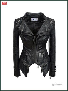Faux Leather Studded Moto Biker Jacket Punk Style Fitted Coat